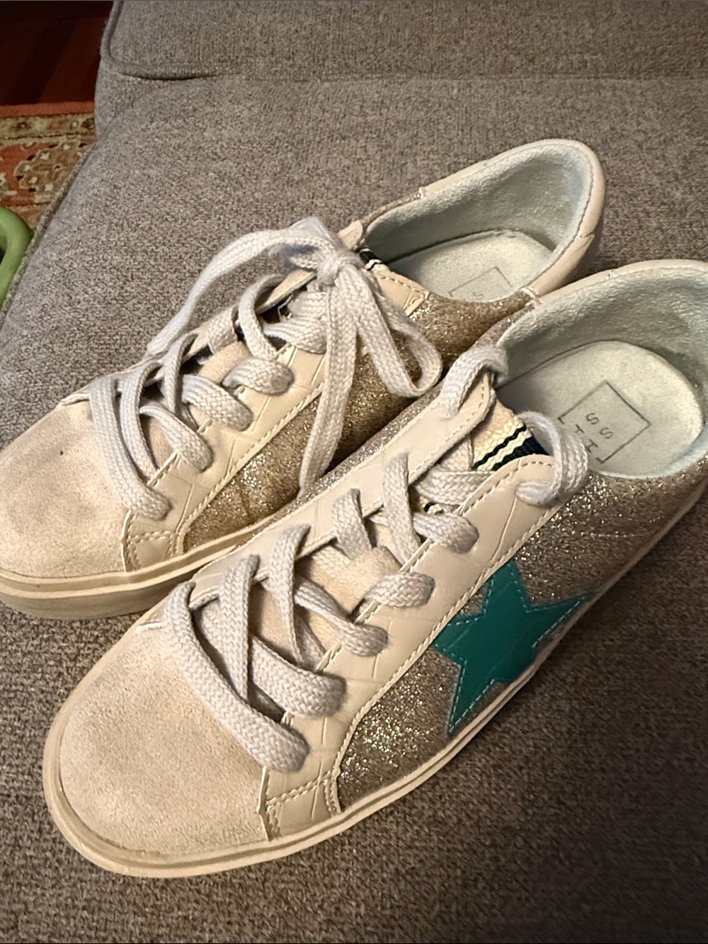 ShuShop Cream Glitter Leather and Suede Sneakers with Teal Star